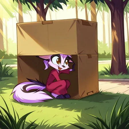 Dreamkeepers,1girl,Prelude_Vi,solo,furry,tail,source_furry,hazel eyes,
child, kid,
Hiding in a Cardboard Box in a Parkm cardboard_box, hiding, park, dress, sunlight, grass, trees, giggling, surprise , crouched in a cardboard box, dress peeking out, giggling in a sunlit park with grass and trees