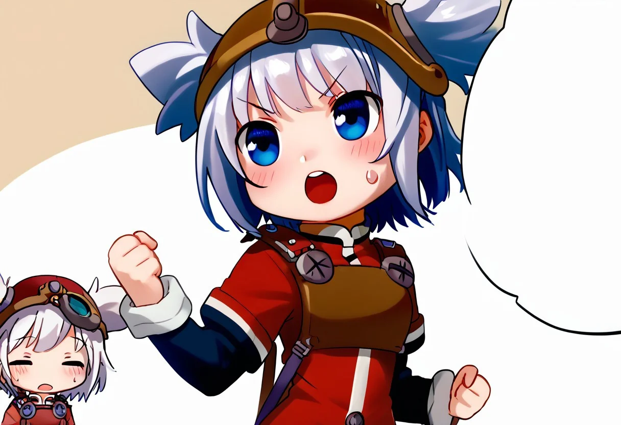 score_8, score_8_up, score_7_up, yuri_conquer, 1girl, female focus, solo, chibi, multiple girls, open mouth, :D, blush, clenched hand, speech bubble, blank speech bubble, pratty_scs, white hair, helmet, hair through headwear, two side up, bangs, sidelocks, short hair, blue eyes, Mandarin collar, red jacket, chest guard, red skirt, layered sleeves, short over long sleeves, sleeve cuffs,, chibi, open mouth, :D, blush, clenched hand, speech bubble, blank speech bubble, sweatdrop, closed eyes, ^_^