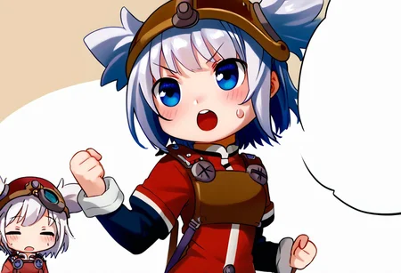 score_8, score_8_up, score_7_up, yuri_conquer, 1girl, female focus, solo, chibi, multiple girls, open mouth, :D, blush, clenched hand, speech bubble, blank speech bubble, pratty_scs, white hair, helmet, hair through headwear, two side up, bangs, sidelocks, short hair, blue eyes, Mandarin collar, red jacket, chest guard, red skirt, layered sleeves, short over long sleeves, sleeve cuffs,, chibi, open mouth, :D, blush, clenched hand, speech bubble, blank speech bubble, sweatdrop, closed eyes, ^_^