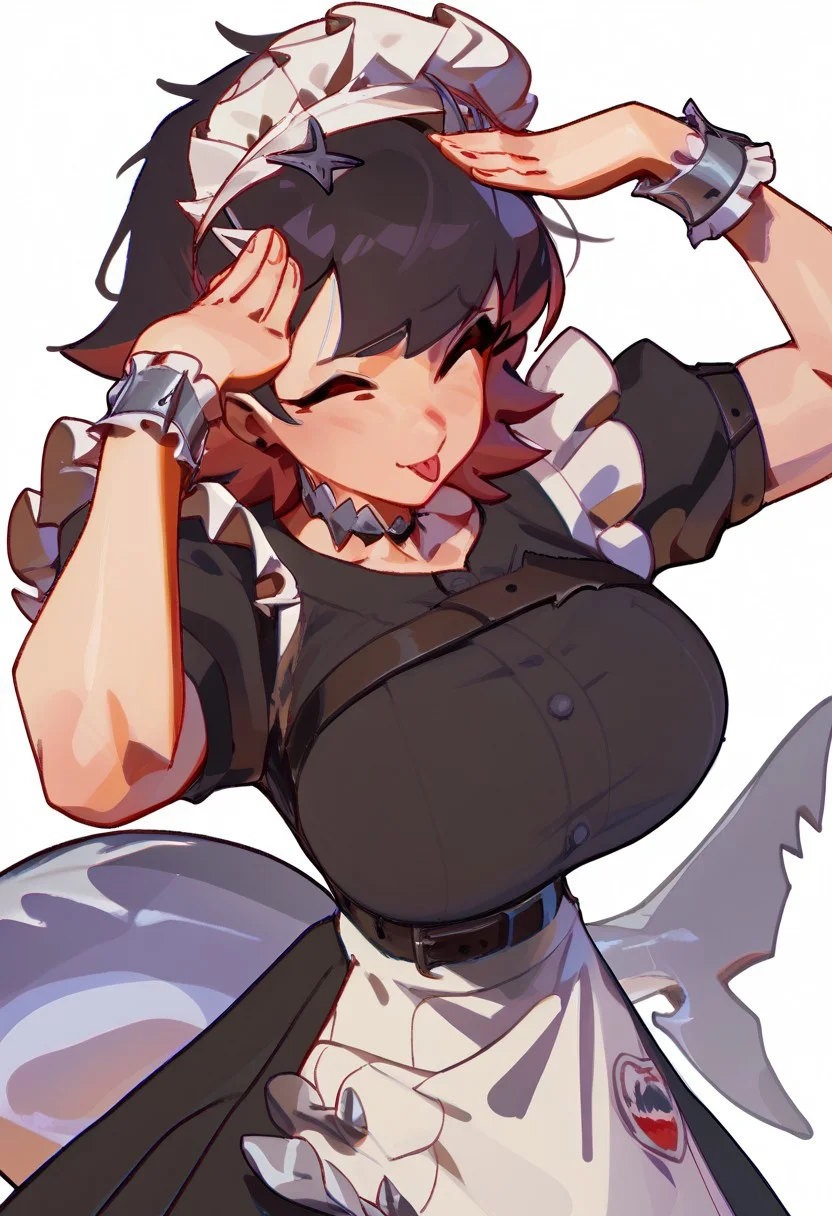 score_9,score_8_up,score_7_up,score_6_up, 1girl, AhEtoBlehMeme, closed eyes, tongue out, :p, hands on own head, smile, ellen, huge breasts, red eyes, black hair, short hair, colored inner hair, hairclip, ear piercing, fins, shark tail, maid headdress, hair ornament, black dress, puffy short sleeves, choker, frilled dress, high-waist skirt, wrists cuffs, apron, belt,