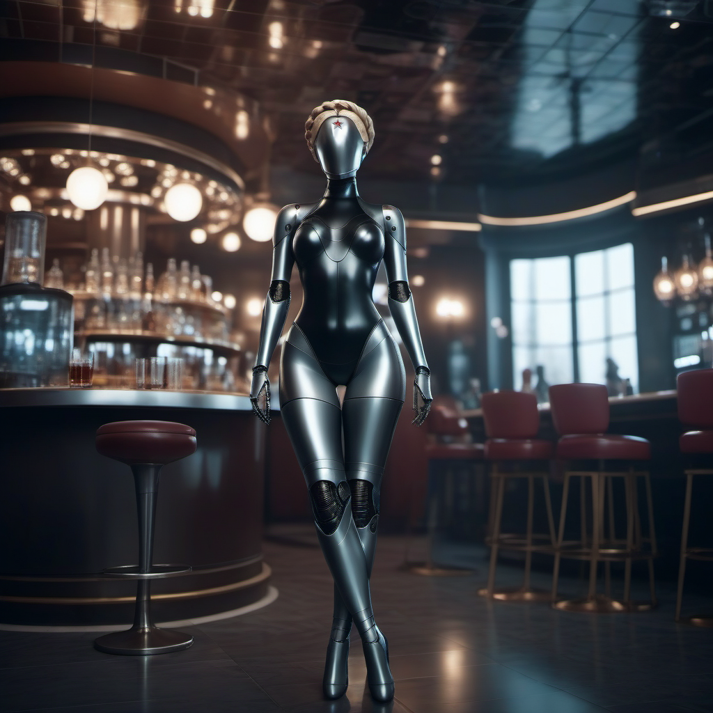 a full body portrait of a woman robot, robot joints, blond hair, thighhighs, redstar on forehead, bodysuit, thigh gap, large breast, reflexion, having a cocktail in a futuristic pub  <lora:Twins1024:0.8>