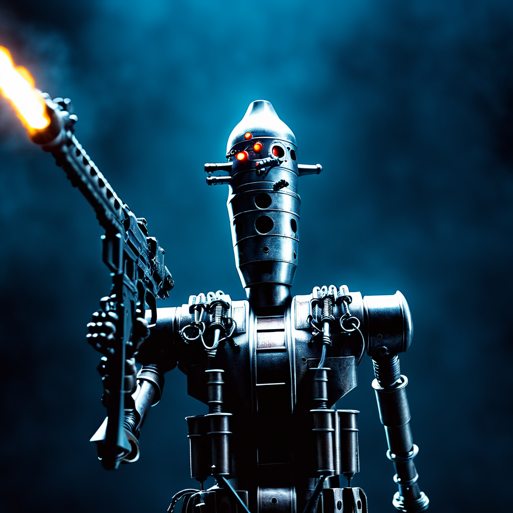 cinematic film still of  <lora:IG-88:1>
IG-88 droid a robot with a gun in its hand In Star Wars Universe, solo, weapon, holding weapon, gun, no humans, robot, mecha, science fiction, realistic, humanoid robot
, shallow depth of field, vignette, highly detailed, high budget, bokeh, cinemascope, moody, epic, gorgeous, film grain, grainy