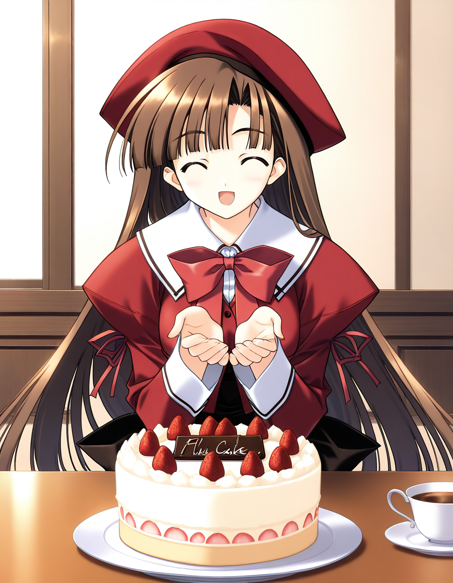 general,highres, ultra-detailed,very aesthetic,best quality ,best hands,  BREAK <lora:Mikage_Subaru_IS:1> Mikage_Subaru, 1girl,solo, brown hair, brown eyes, very long hair, bangs, medium breasts,
food, solo, hat, fruit, closed eyes, red beret, bow, red bow, smile, open mouth, ribbon, long sleeves,
cake, giant cake, food, table,