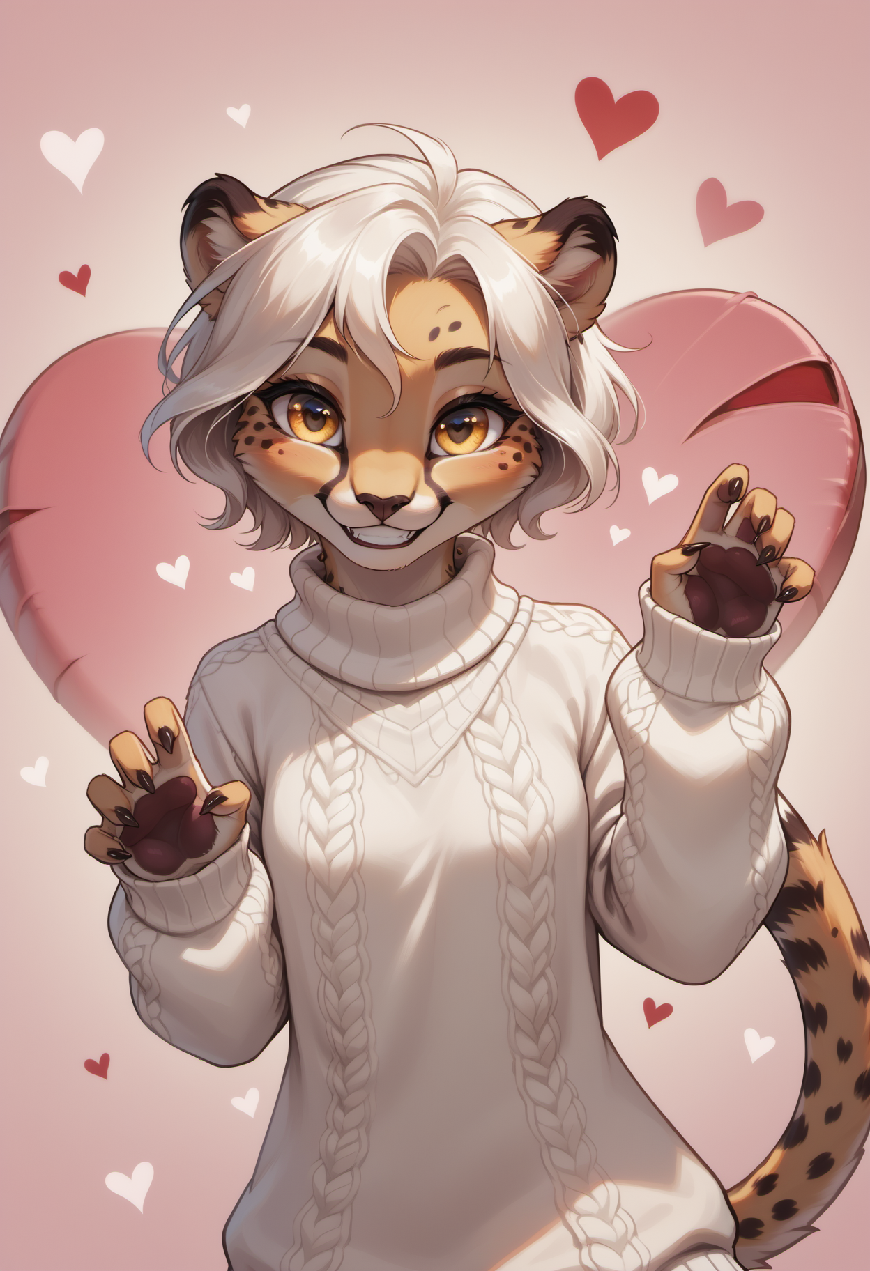 score_9, score_8_up, score_7_up, source_furry, rating_safe, detailed,
1girl, solo, upper body, valentine theme, hearts,
abstact background, hearts background, valentine background,
furry female, (anthro cheetah girl:1.2), beautiful girl, cute girl, adult, beautiful face, detailed face, perfect eyes, detailed eyes, yellow eyes, white hair, short hair, good hand, long tail,
oversized clothed, aran sweater, sweater dress, oversized sweater,
(jumping:1.1), (dynamic pose:1.2), happy, happy expression, grin, love, lovestruck, sending love to viewer,