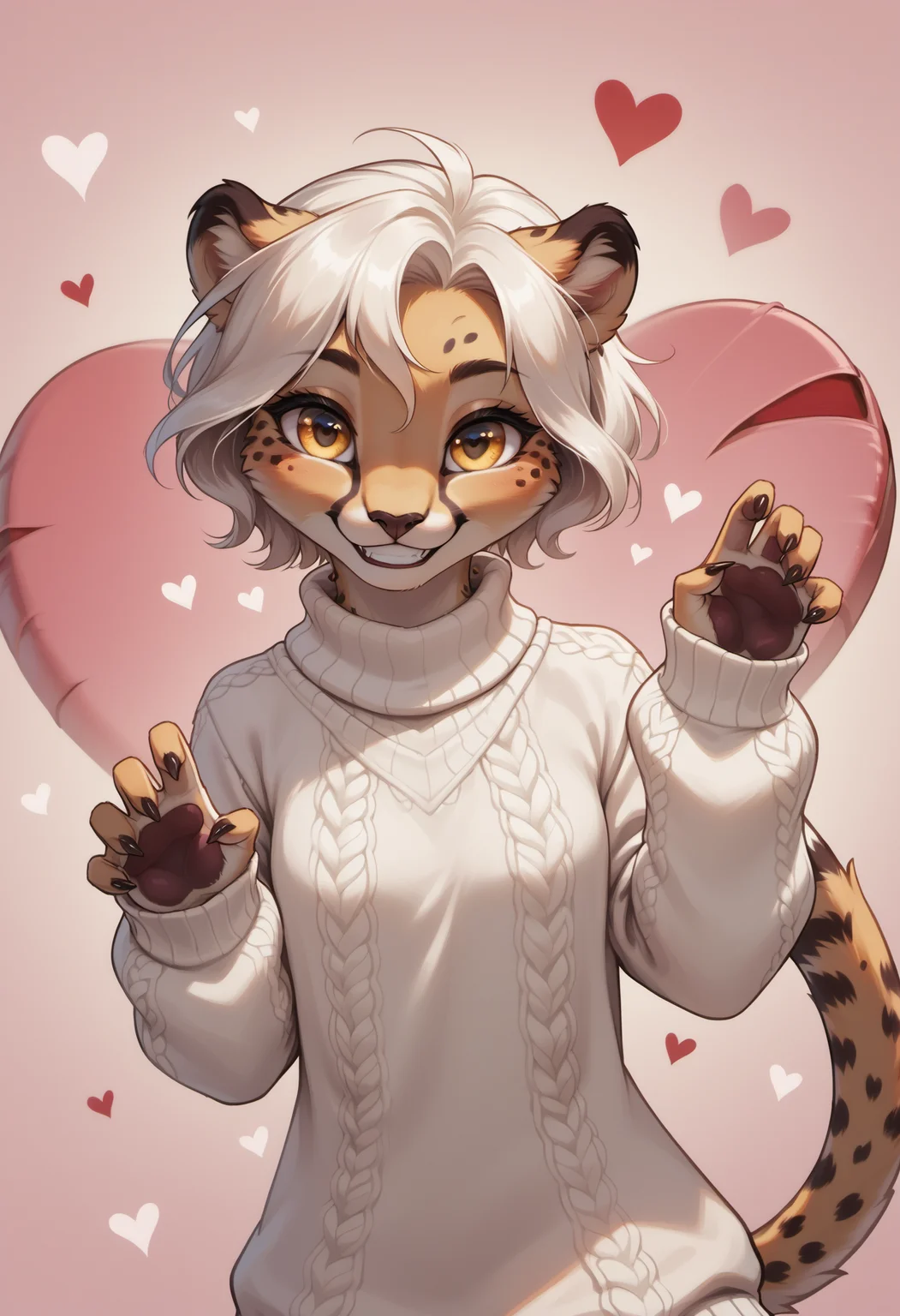score_9, score_8_up, score_7_up, source_furry, rating_safe, detailed,
1girl, solo, upper body, valentine theme, hearts,
abstact background, hearts background, valentine background,
furry female, (anthro cheetah girl:1.2), beautiful girl, cute girl, adult, beautiful face, detailed face, perfect eyes, detailed eyes, yellow eyes, white hair, short hair, good hand, long tail,
oversized clothed, aran sweater, sweater dress, oversized sweater,
(jumping:1.1), (dynamic pose:1.2), happy, happy expression, grin, love, lovestruck, sending love to viewer,