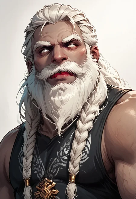 score_9, score_8_up, score_7_up, solo, solo focus, male focus, 1 boy, male, beard, facial hair, braid, braided beard, big beard, epic beard, Duergar, grey skin, grey colored skin, white hair, white eyes, short stature, big nose, wide shoulders, muscular,