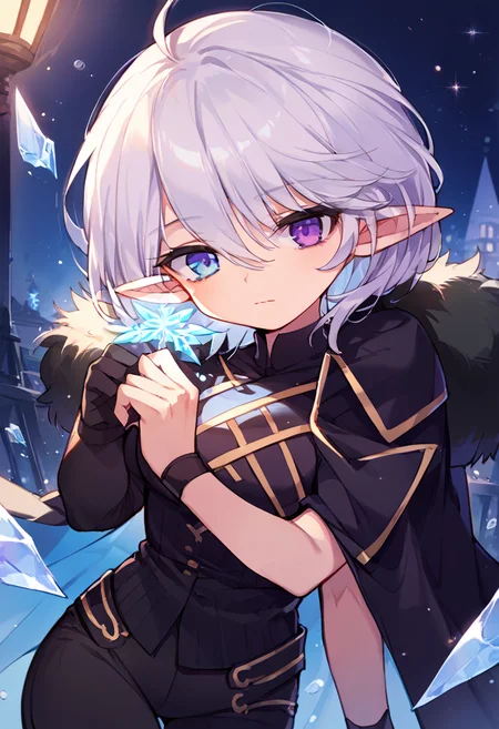 score_9,score_8_up,score_7_up,source_anime,zPDXL3,game cg,moody lighting,cinematic lighting,night,novel illustration,magic,snowflakes,ice,
*//*,<lora:Reina-v1.0:0.8>,reina_maple,1girl,solo,heterochromia,blue eyes,purple eyes,short hair,white hair,hair between eyes,bangs,pointy ears,fur trim,black cape,black gloves,black shirt,black pants,
*//*,looking at viewer,cowboy shot,dutch angle,