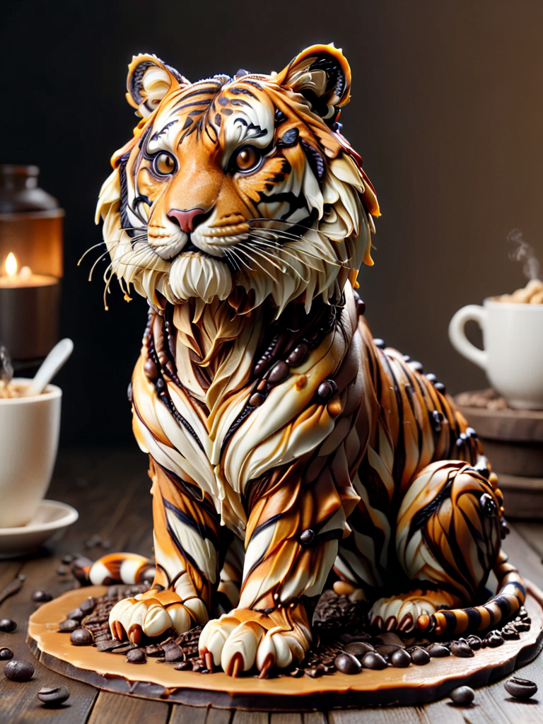 cofzee, a tiger cake sitting on top of a table, made out of coffee and beans <lora:cofzee:1>