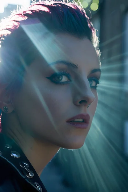 <lora:Emma_Corrin_SDXL_101:0.8> emmacorrin101 1girl  cinematic photo up close  punk rock singer on the streets , finely detailed eyes, epic scene, epic composition, Photography, Cinematic Lighting, Volumetric Lighting, ethereal light, intricate details, extremely detailed volumetric rays 35mm photograph, film, bokeh, professional, 4k, highly detailed .