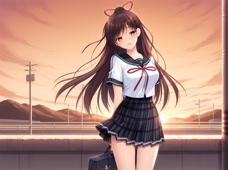 itsuki miyu,base outfit,kinmedai pink,school outfit,school uniform,standing,arms behind back,:D,head tilt,sunset,holding bag,<lora:Itsuki_Miyu:0.8>,, masterpiece, best quality, amazing quality, very aesthetic, absurd, newest, detailed eyes