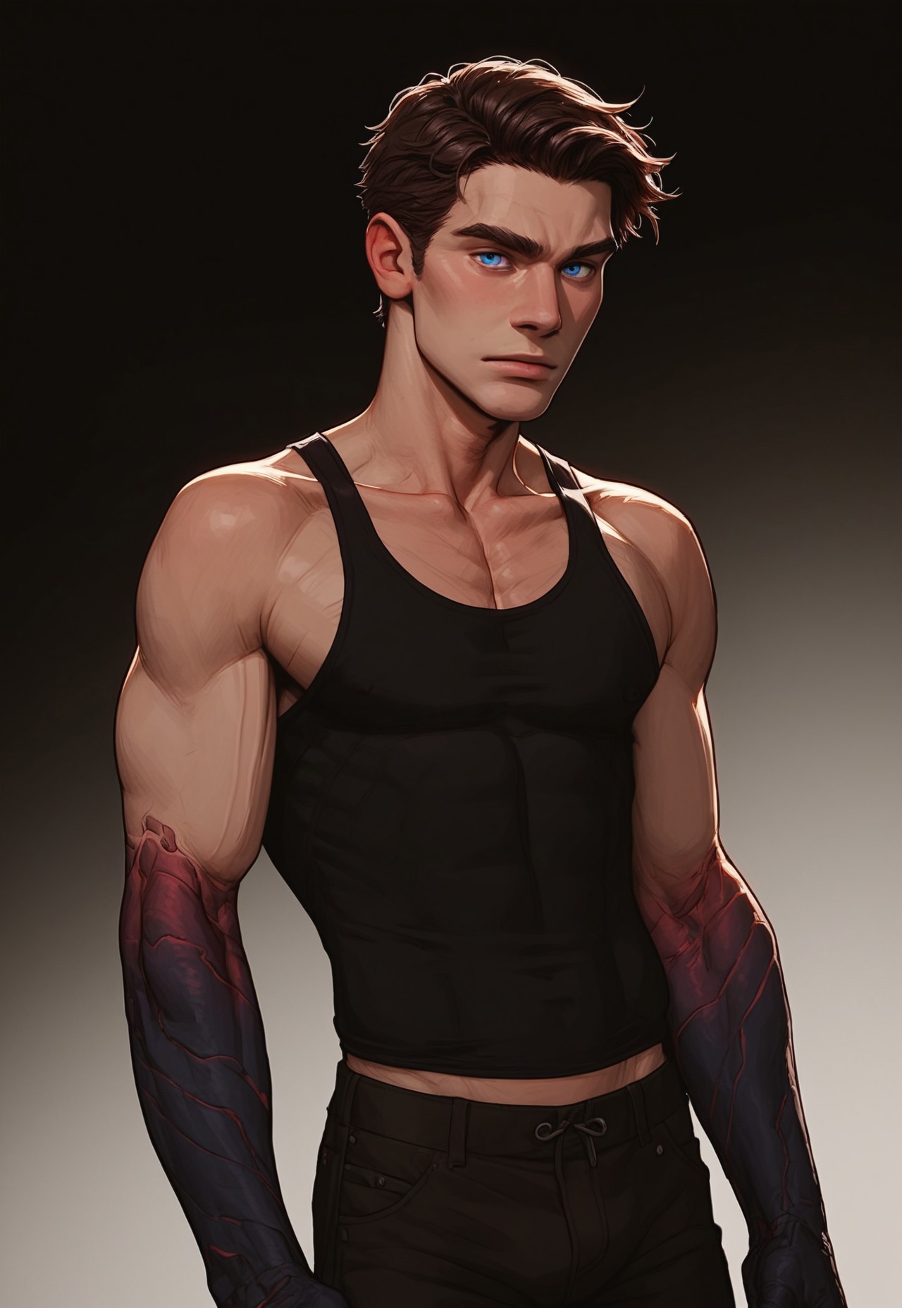 (score_9, score_8_up, score_7_up). (line work, excellent drawing, highest quality, extremely detailed:1.2). solo, a man watching his arm be corrupted. 1boy, brown hair,  blue eyes, gradient skin, claws, spreading corruption, black smoke coming off hand. cracking hand, charred skin, (dark  hands), black fingers, dark forearm, pale skin, black pants, tank top, thin, confident posture, g0thicPXL, romantic, source_cartoon, dark background, medium distance, cowboy_shot, realistic