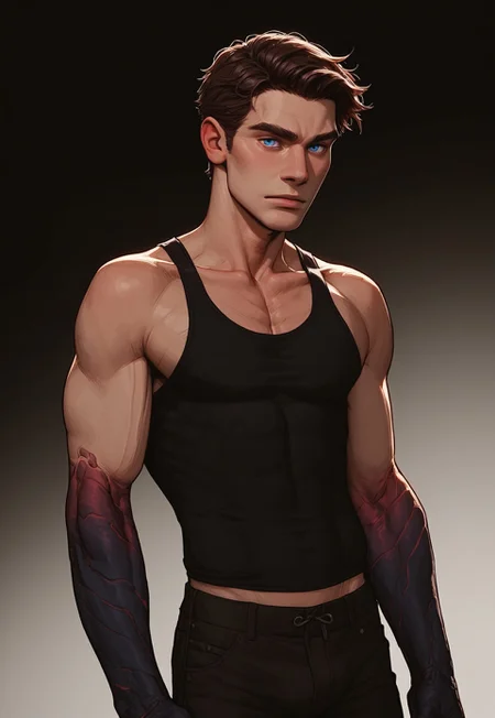 (score_9, score_8_up, score_7_up). (line work, excellent drawing, highest quality, extremely detailed:1.2). solo, a man watching his arm be corrupted. 1boy, brown hair, blue eyes, gradient skin, claws, spreading corruption, black smoke coming off hand. cracking hand, charred skin, (dark hands), black fingers, dark forearm, pale skin, black pants, tank top, thin, confident posture, g0thicPXL, romantic, source_cartoon, dark background, medium distance, cowboy_shot, realistic
