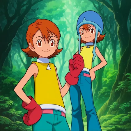 core_9, score_8_up, score_7_up, source_anime, prefect lighting, very aesthetic, intricate details, highly detailed background, high quality, prefect hands, best quality,1girl, digimon, sora takenouchi, short hair, brown eyes, helmet, blue headwear, yellow t-shirt, sleeveless, high collar, red gloves, jeans, standing, hand on hip, outdoors, forest, looking at viewer, smile, closed mouth