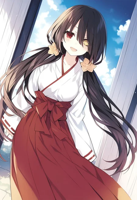 8k, highres,novel illustration,best quality, masterpiece, highly detailed,1girl,solo,date a live,tsunako,tokisaki kurumi,long hair,black hair,twintails,low twintails, heterochromia,clock eyes,symbol-shaped pupils,yellow left eye, red right eye, breasts,medium breasts, floating_hair, 
jyojifuku, miko, red hakama,
smile, open mouth, standing,  looking at viewer, outdoors, (high angle:1.5)