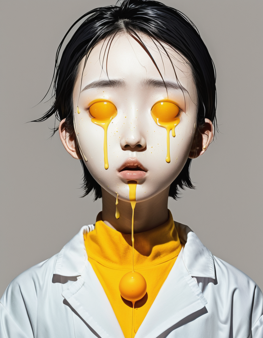 surrealistic and melancholic anime-style illustration of a character with an egg-shaped head leaking yolk, stoic expression, worn lab coat, muzzled eyes, 14 years old, japanese origin, clean digital lineart and soft shading, inspired by yoshitomo nara, masterpiece,