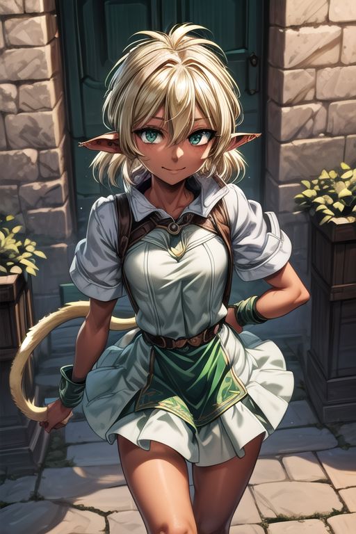 best quality, ultra-detailed, (1girl, solo,fam, blonde hair, (green eyes:1.5), pointy ears, Small breasts, dark skin, dark-skinned female, elf, long pointy ears, tail, Brutal smile, Narrow eyes), tutu skirt, ng_deepnegative_v1_75t, easynegative
