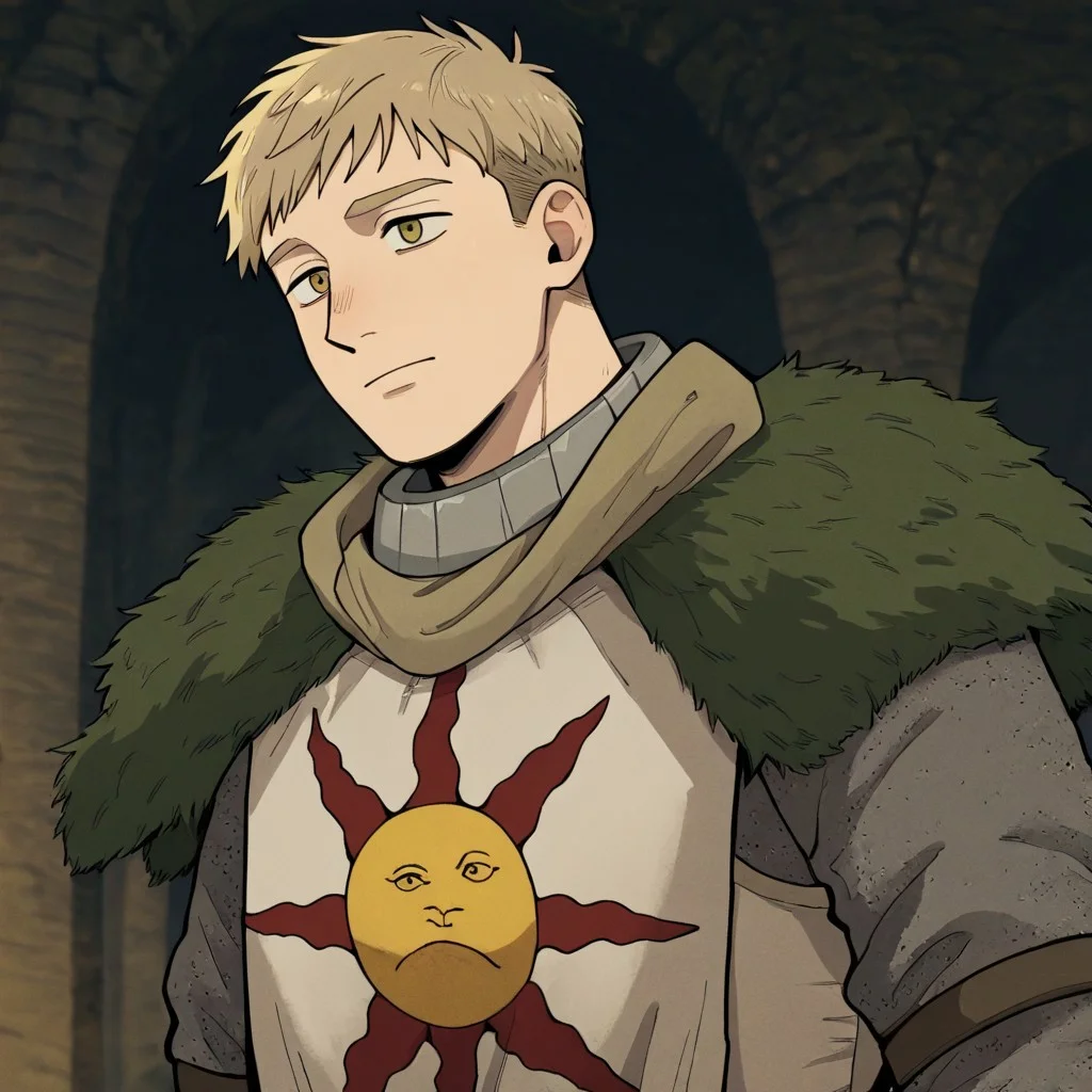 masterpiece, best quality, newest, absurdres, highres, anime, anime style, 1boy, laios touden \(dungeon meshi\), blonde hair, short hair, armor, SOA-ARMOR-V1.0, armor, sun symbol, chainmail, full armor,