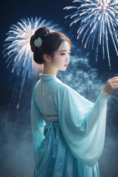 <lora:hanfuTang_v41_R_SDXL:0.35>,  hanfu, 
glowing in fine light particles, brilliant sparks and showers, ethereal, luminous, dynamic composition, rich textures, blue, turquoise, bright white, fireworks,