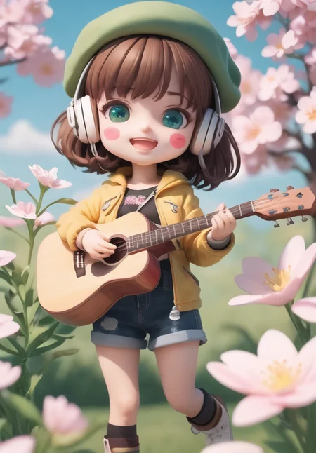 (masterpiece),(best quality),(ultra-detailed), (full body:1.2), 1girl,chibi,cute, smile, open mouth, flower, outdoors, playing guitar, music, beret, holding guitar, jacket, blush, tree, :3, shirt, short hair, cherry blossoms, green headwear, blurry, brown hair, blush stickers, long sleeves, bangs, headphones, black hair, pink flower, (beautiful detailed face), (beautiful detailed eyes), <lora:blindbox_V1Mix:1>
