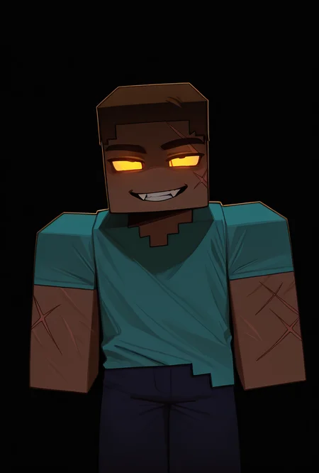 <lora:stevemc-08:1> stevemc, 1boy, male focus, cyan shirt, brown hair, dark-skinned male, dark blue pants, square, square body, s, black background, smile, scars, no pupils, glowing eyes, fangs, clenched teeth, white sclera, masterpiece, best quality, amazing quality, very aesthetic, absurdres, newest,