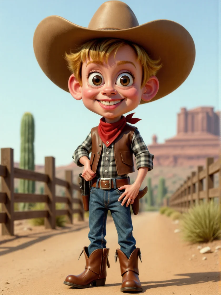 A caricature of a young cowboy standing confidently with his thumbs hooked into his belt, wearing a light brown cowboy hat slightly tilted back, revealing tousled sandy-blonde hair and bright, freckled cheeks. He has a playful smirk on his face, a red bandana tied around his neck, a plaid shirt rolled up at the sleeves, and a leather vest over it. His blue jeans are slightly oversized and tucked into scruffy brown cowboy boots with spurs. A toy revolver peeks out from a holster strapped to his hip. Behind him is a dusty desert background with a wooden fence and a distant cactus. <lora:3d_caricature_Strong:1>