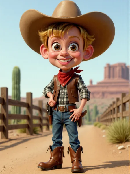 A caricature of a young cowboy standing confidently with his thumbs hooked into his belt, wearing a light brown cowboy hat slightly tilted back, revealing tousled sandy-blonde hair and bright, freckled cheeks. He has a playful smirk on his face, a red bandana tied around his neck, a plaid shirt rolled up at the sleeves, and a leather vest over it. His blue jeans are slightly oversized and tucked into scruffy brown cowboy boots with spurs. A toy revolver peeks out from a holster strapped to his hip. Behind him is a dusty desert background with a wooden fence and a distant cactus. <lora:3d_caricature_Strong:1>