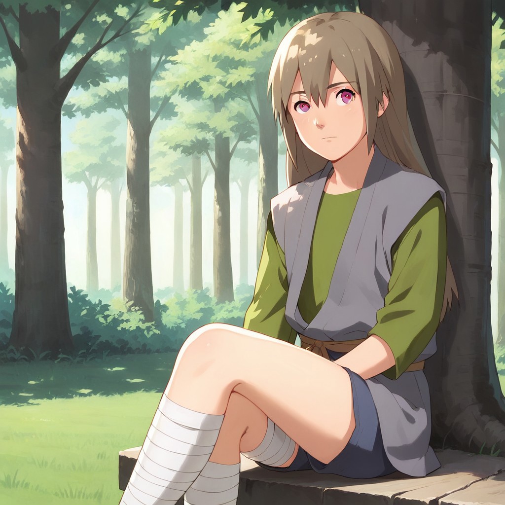 score_9, score_8_up, score_7_up, BREAK, male child, long hair, brown hair, pink eyes, hair between eyes, best, green shirt, leg wrap, bandages, sitting against a tree, leaning, outdoors, sunlight, shadow, natural lighting,