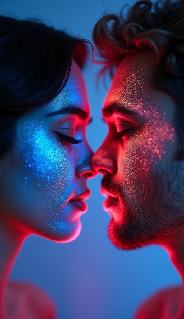 This is a highly detailed, close-up photograph capturing an intimate moment between two individuals. The image focuses on their faces, with the subjects' eyes closed and lips gently touching. Both have their faces covered in a luminous substance that appears to be a glowing powder or paint. The powder is predominantly blue on the left subject and predominantly red on the right subject, creating a striking contrast. The blue powder on the left subject's face is particularly prominent on the cheek and around the eyes, while the red powder on the right subject's face is more concentrated around the lips and nose.

The left subject, who appears to be a woman, has short, dark hair and smooth, fair skin. Her makeup is minimal, with long, dark eyelashes and a subtle lip color. The right subject, who appears to be a man, has short, light brown hair and a slightly tanned complexion. His facial expression is serene, and his lips are slightly parted, revealing a glimpse of his teeth.

The background is blurred and consists of a mix of cool blue and purple hues, giving the image a dreamy, ethereal feel. The lighting is soft and diffused, highlighting the luminous quality of the powder and the delicate features of the subjects. The overall mood is romantic
