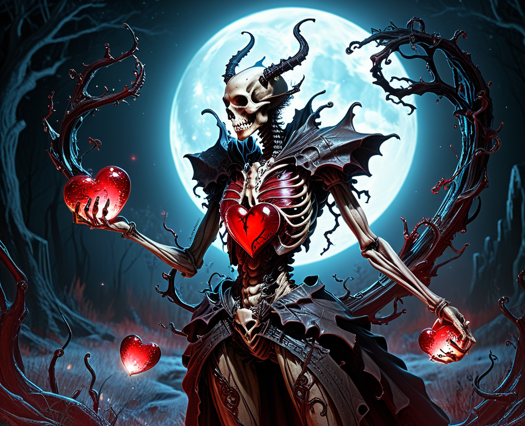 A bioluminescent demon, clad in a crimson gown of shimmering, pulsating flesh, clutches a beating, oversized heart, its arteries glowing with an eerie, internal light.  The heart, wrapped with thorny, black vines instead of ribbons, drips ichor onto the frost-covered ground.  The demon writhes with manic glee, its form a grotesque symphony of bone, sinew, and iridescent fluids, dancing in the moonlight.  Long, skeletal shadows writhe and contort in the absurd dance of madness, shaped like grotesque valentines
<lora:corcoc1s:0.8> corcoc1s