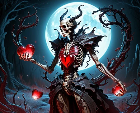 A bioluminescent demon, clad in a crimson gown of shimmering, pulsating flesh, clutches a beating, oversized heart, its arteries glowing with an eerie, internal light. The heart, wrapped with thorny, black vines instead of ribbons, drips ichor onto the frost-covered ground. The demon writhes with manic glee, its form a grotesque symphony of bone, sinew, and iridescent fluids, dancing in the moonlight. Long, skeletal shadows writhe and contort in the absurd dance of madness, shaped like grotesque valentines
<lora:corcoc1s:0.8> corcoc1s