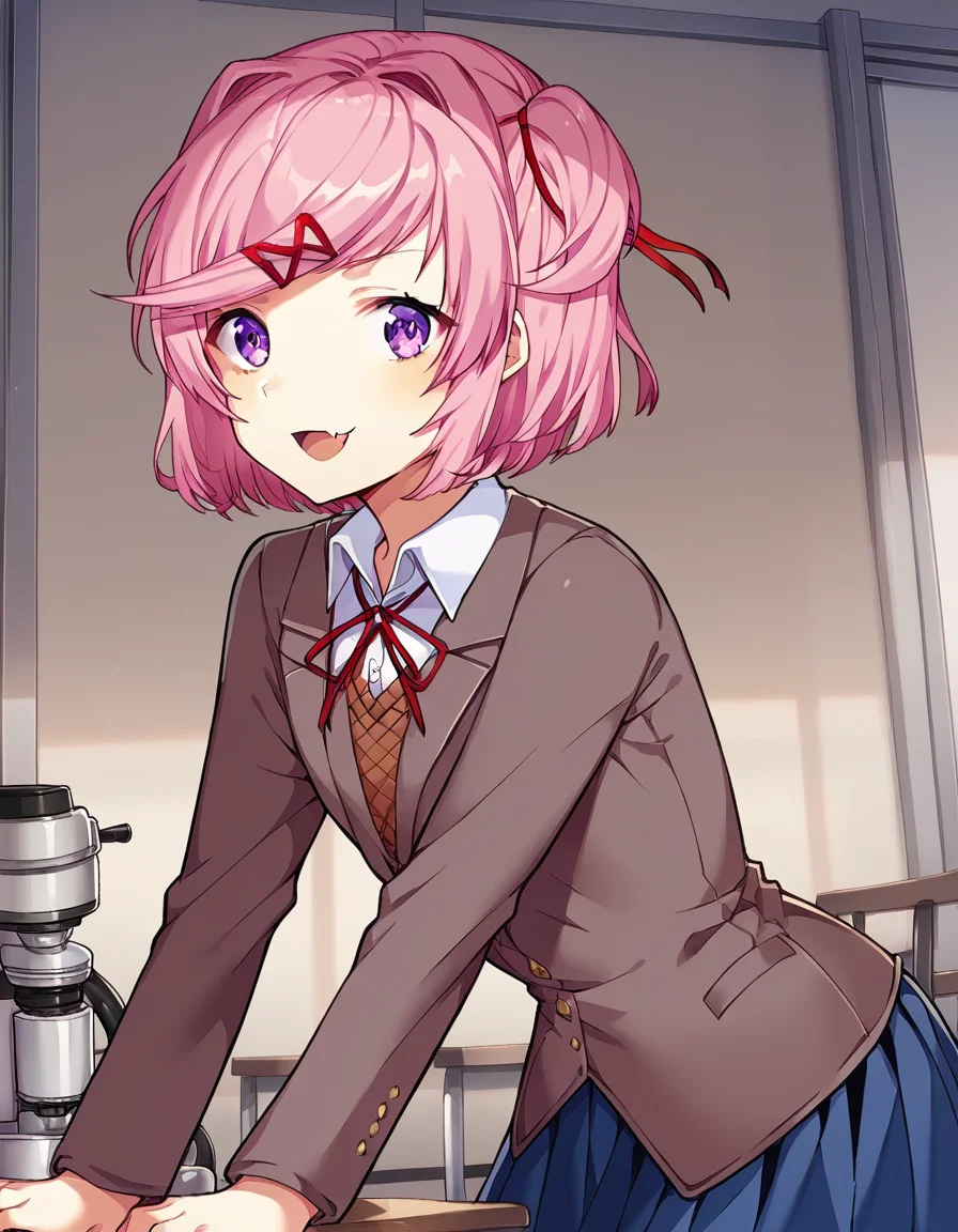 score_9, score_8_up, score_7_up, source_anime, <lora:ddlc-natsuki-ingame-ponyxl-lora-nochekaiser:1>, natsuki, fang, hair ornament, pink hair, purple eyes, short hair, short sidetail, swept bangs, x hair ornament,, blazer, blue skirt, brown jacket, collared shirt, jacket, long sleeves, miniskirt, neck ribbon, pleated skirt, red ribbon, ribbon, school uniform, shirt, skirt, swept bangs, vest, white shirt, wing collar,, staff room, table, chairs, coffee machine, relaxation, , leaning forward,, looking at viewer, solo,, dutch angle, cowboy shot