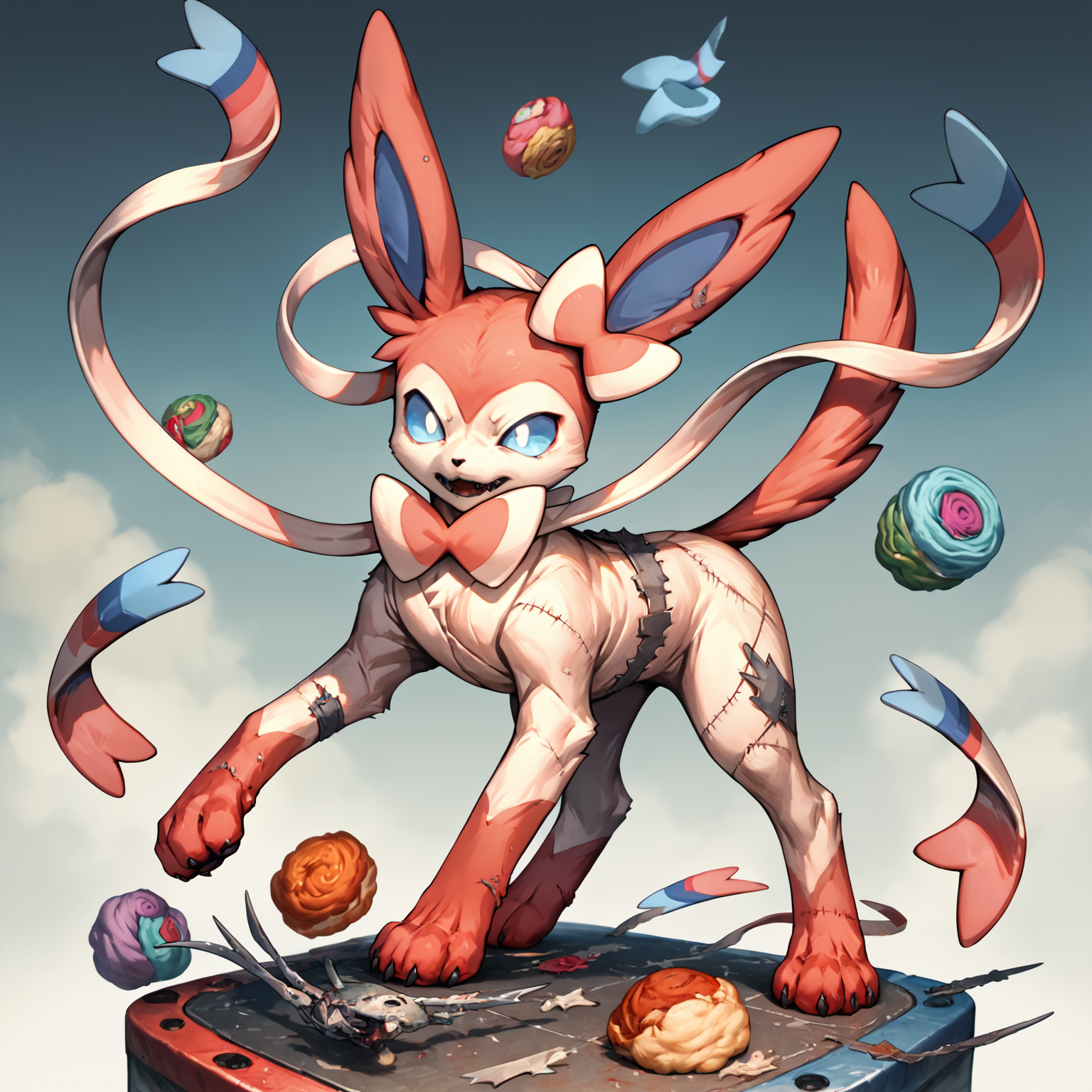 score_9, score_8_up, score_7_up, score_6_up, score_5_up, score_4_up,  source_anime, frightfur sylveon, frightfur, dynamic pose, stuffing, blades, stitches, detailed, blending, profound, emerging,  <lora:Frightfurfluffal1-000020:1>