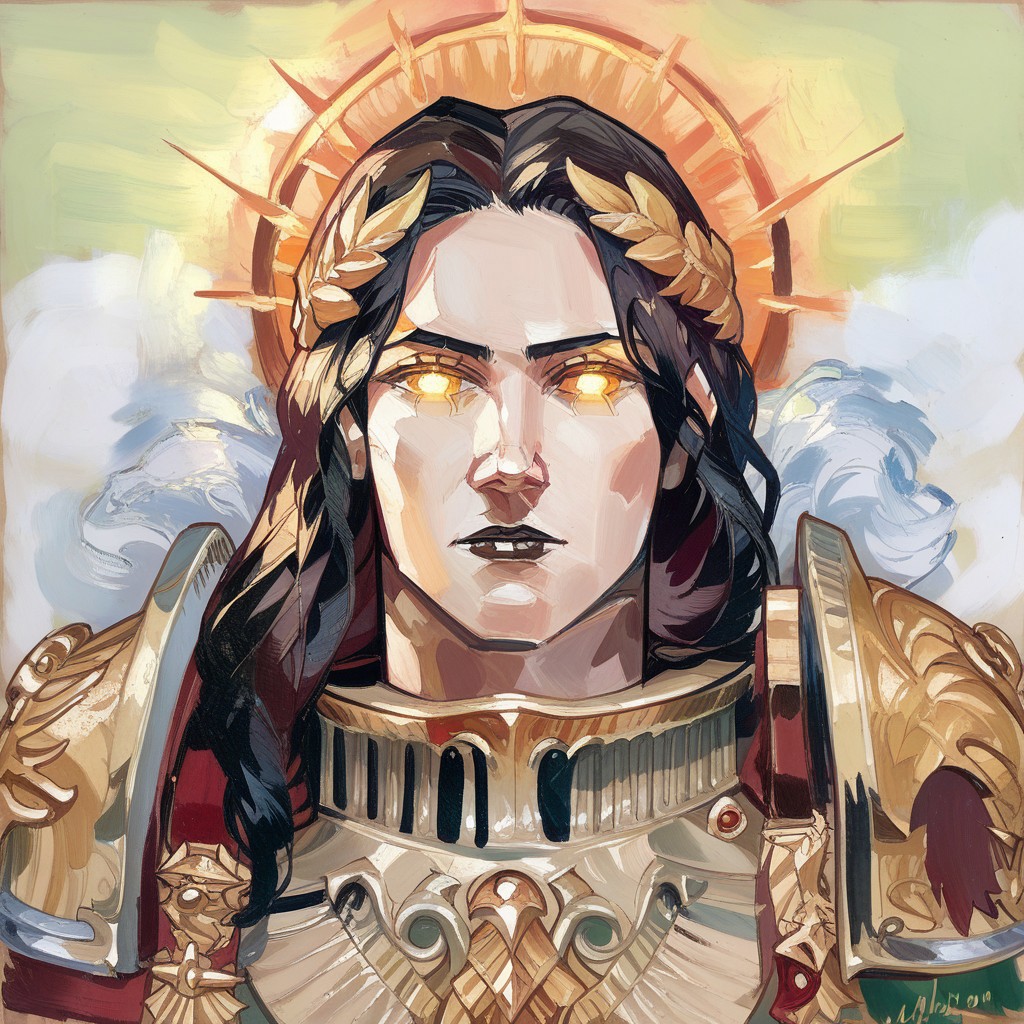 score_9, score_8_up, score_7_up, abstractionism, brush stroke, traditional media, 2d, portrait, cowboy shot, female focus, solo, GodEmpress, 1girl, solo, dark lipstick, long hair, black hair, no pupils, glowing gold eyes, gold laurel crown, gold energy halo, armor, shoulder armor, gauntlets, boots, looking at viewer, <lora:God_Emperess_Of_Mankind_PXL_Leaf1:1>, best quality, detailed, masterpiece, Expressiveh