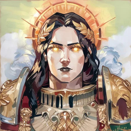 score_9, score_8_up, score_7_up, abstractionism, brush stroke, traditional media, 2d, portrait, cowboy shot, female focus, solo, GodEmpress, 1girl, solo, dark lipstick, long hair, black hair, no pupils, glowing gold eyes, gold laurel crown, gold energy halo, armor, shoulder armor, gauntlets, boots, looking at viewer, <lora:God_Emperess_Of_Mankind_PXL_Leaf1:1>, best quality, detailed, masterpiece, Expressiveh