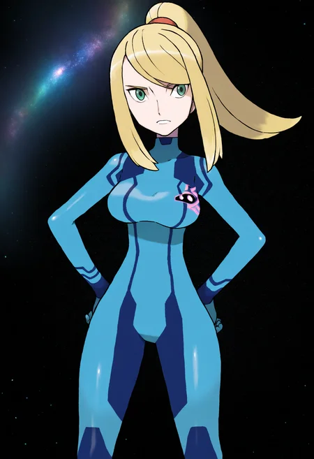 sugimori ken,
best quality, amazing quality, very aesthetic, absurdres,
(black background, galaxy background, starry background:1.8)
1girl, samus aran, green eyes, blonde hair, medium hair, ponytail, sidelocks,
blue bodysuit,
standing, hands on hips, <lora:KenSugimoriNoob_byKonan:1>