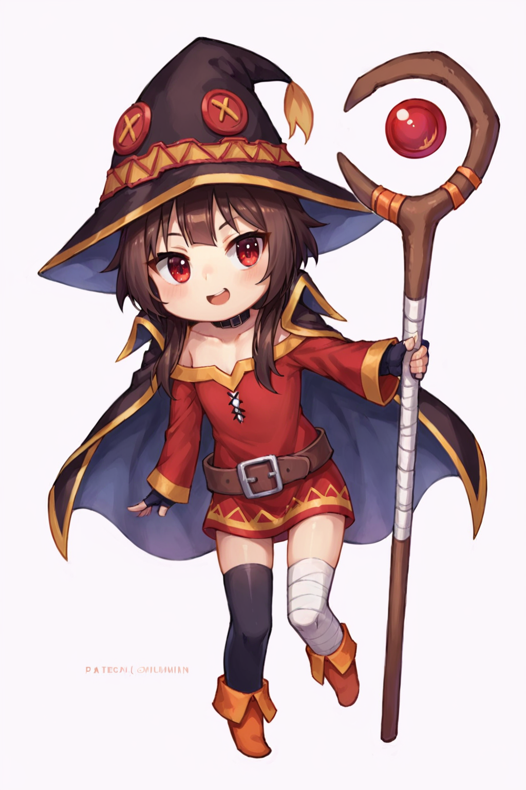 score_9, score_8_up, score_7_up, source_anime, highly detailed, 1girl,  megumin, chibi,  hat, witch hat, brown hair, staff, short hair with long locks, red eyes, black choker, collarbone, flat chest, off-shoulder dress, dress, red dress, long sleeves, black gloves, fingerless gloves, belt, brown belt, gold trim, asymmetrical legwear, mismatched legwear, bandaged leg, black thighhighs, simple background, white background,  <lora:justduet_SDXLPONY_r70_768_dim32-a4-adamW-000009:0.6>, <lora:MeguminWinter:0.2>