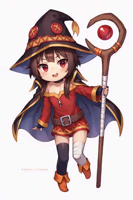 score_9, score_8_up, score_7_up, source_anime, highly detailed, 1girl,  megumin, chibi,  hat, witch hat, brown hair, staff, short hair with long locks, red eyes, black choker, collarbone, flat chest, off-shoulder dress, dress, red dress, long sleeves, black gloves, fingerless gloves, belt, brown belt, gold trim, asymmetrical legwear, mismatched legwear, bandaged leg, black thighhighs, simple background, white background,  <lora:justduet_SDXLPONY_r70_768_dim32-a4-adamW-000009:0.6>, <lora:MeguminWinter:0.2>