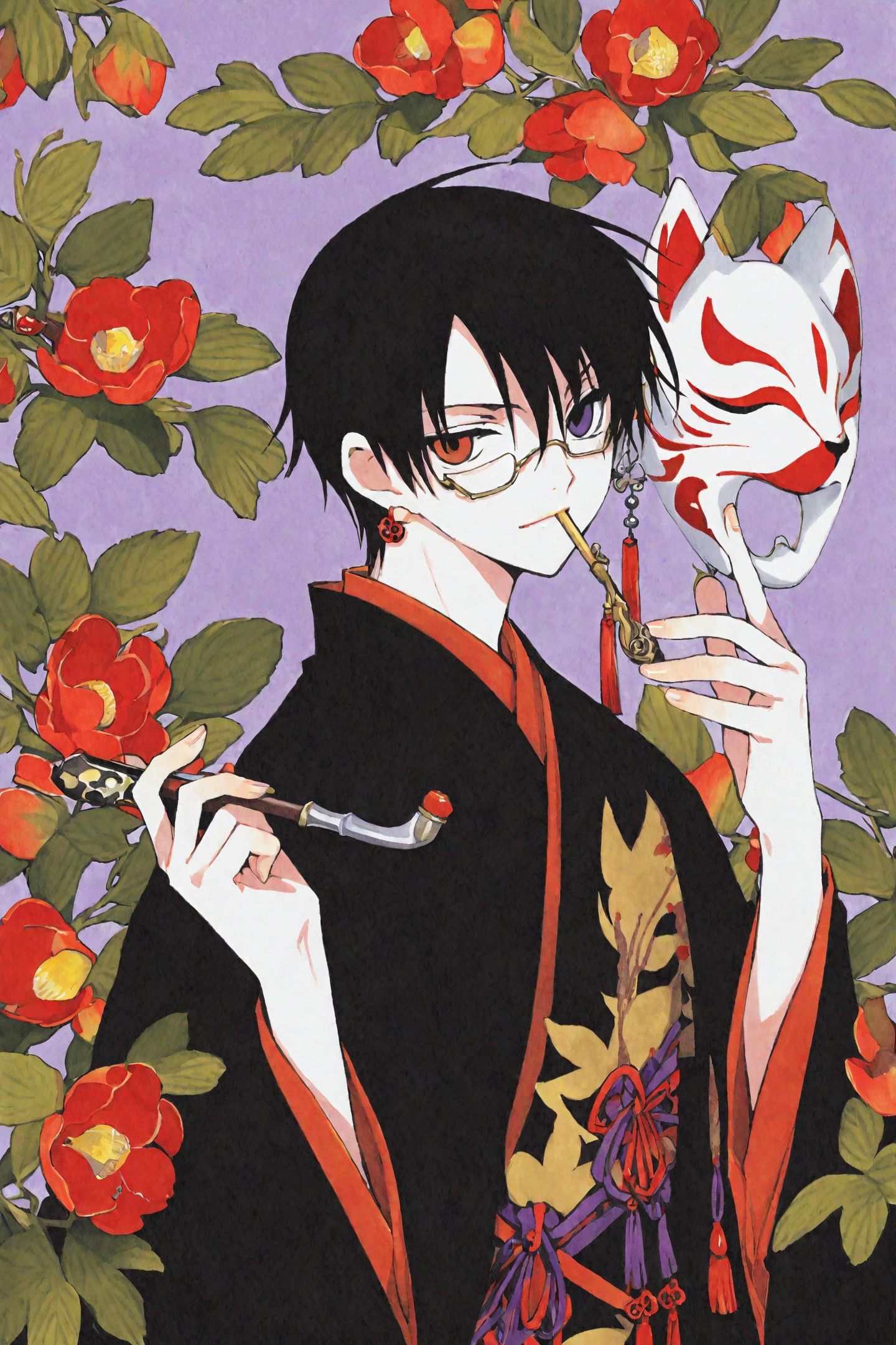 xxxHOLiC,
Watanuki Kimihiro,1boy,male focus,heterochromia,black hair,flower,solo,fox mask,smoking pipe,japanese clothes,jewelry,traditional media,earrings,mask,kiseru,camellia,
<lora:CLAMP_XL:0.8>,