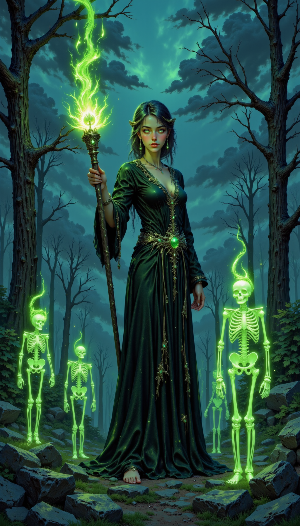 A woman in tattered robes standing in a graveyard, her staff summoning glowing green skeletons from the ground, <lora:PinkieMidnightFantasyFLUX:1>, pinkmidnightfantasy,