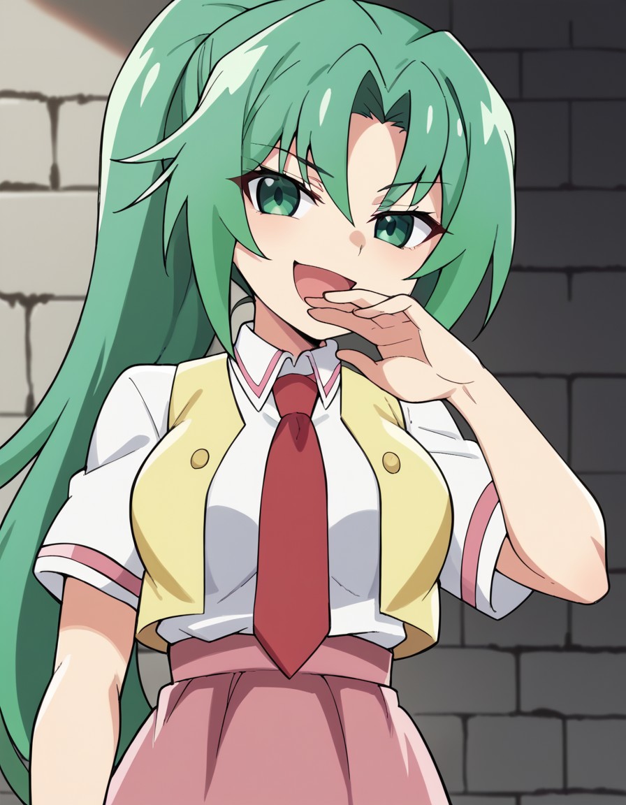 score_9, score_8_up, score_7_up, source_anime, <lora:mion-sonozaki-s4-ponyxl-lora-nochekaiser:1>, mion sonozaki, long hair, green eyes, ponytail, green hair, large breasts,, skirt, shirt, school uniform, white shirt, short sleeves, necktie, vest, red necktie, pink skirt, high-waist skirt, long skirt, open vest, yellow vest,, dungeon, stone walls, chains, torches, dark, smile, <lora:ojou-sama-pose-ponyxl-lora-nochekaiser:1>, ojou-sama pose, laughing, smug, hand to own mouth, open mouth,, looking at viewer, solo,, dutch angle, cowboy shot