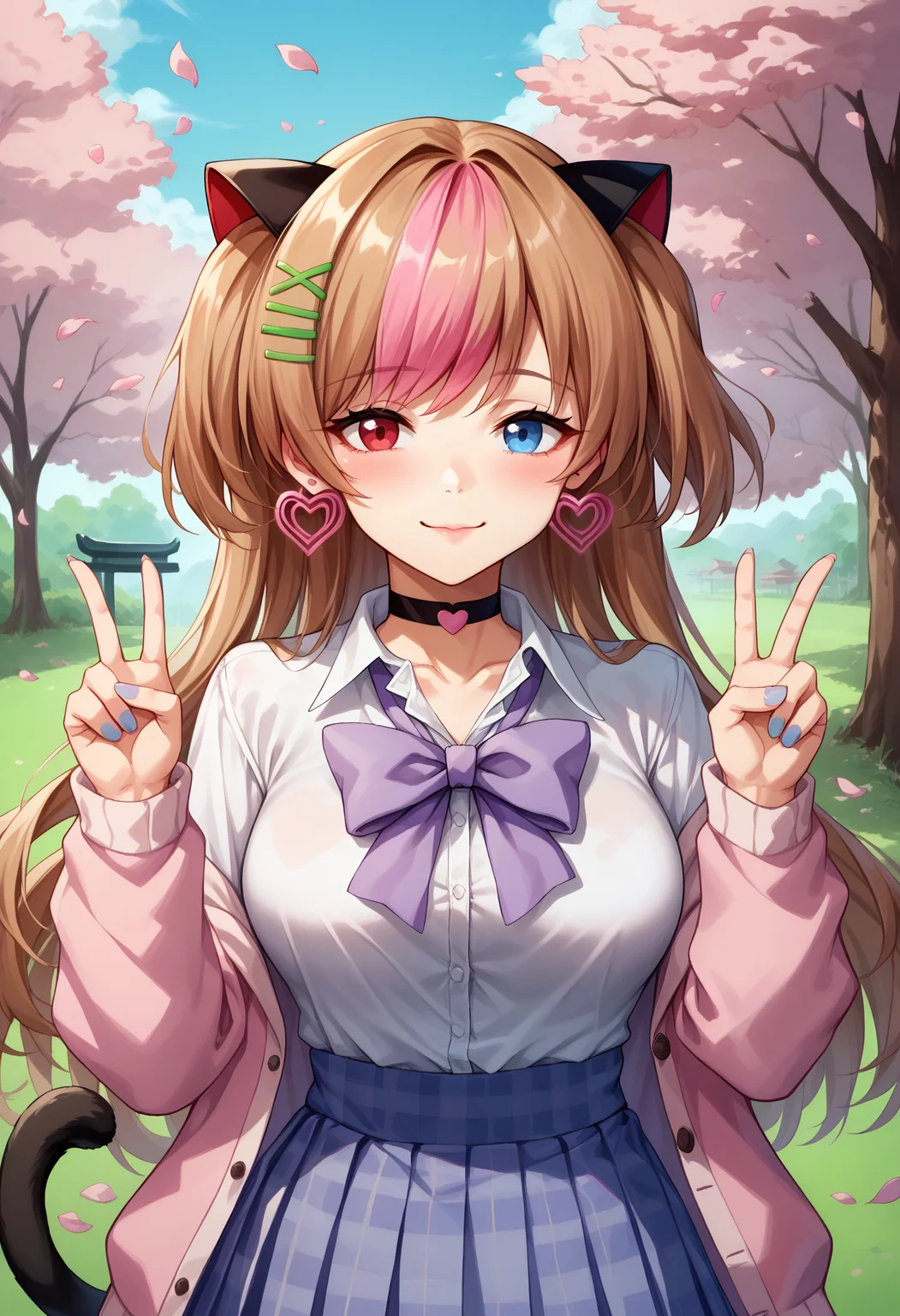 score_9,score_8_up,score_7_up,detailed,1girl,jelomk23tcsa,solo,medium breasts,outdoors,cherry blossoms,park,falling petals,double v,light brown hair,streaked hair,pink hair,fake animal ears,two side up,long hair,x hair ornament,hairclip,red eyes,heterochromia,blue eyes,heart earrings,heart choker,black choker,collared shirt,white shirt,purple bowtie,pink cardigan,off shoulder,long sleeves,pink nails,blue nails,plaid skirt,purple skirt,cat tail,looking at viewer,seductive smile,blush,<lora:MK23-JeloXL-000008:1>,