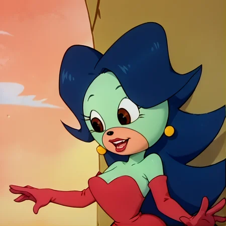 score_9, score_8_up, score_7_up, score_6_up, score_5_up, score_4_up, BREAK, <lora:Breezie_the_hedgehog:1>, breeziethehedgehog, 1girl, solo, breasts, open mouth, gloves, dress, bare shoulders, jewelry, upper body, teeth, elbow gloves, fangs, outstretched arms, strapless dress, furry, red gloves, dark blue hair, long hair, furry female, red dress, red elbow gloves, green fur, body fur, earrings, brown eyes, red lipstick