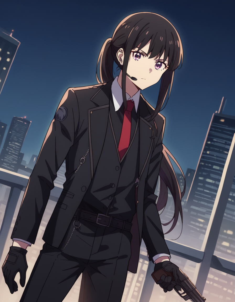 score_9, score_8_up, score_7_up, source_anime,
takinainoue, <lora:takina-inoue-s1-ponyxl-lora-nochekaiser:1>,
inoue takina, long hair, bangs, black hair, purple eyes,
ponytail, gloves, long sleeves, jacket, necktie, black gloves, collared shirt, belt, pants, vest, black jacket, black pants, formal, suit, red necktie, headset, black suit, earpiece,
outdoors, night, cityscape, gun, holding gun,
looking at viewer, cowboy shot, dutch angle, solo,