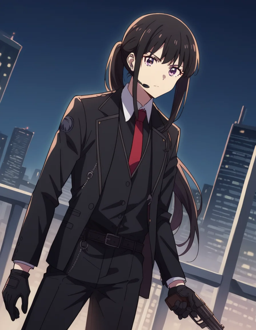 score_9, score_8_up, score_7_up, source_anime,
takinainoue, <lora:takina-inoue-s1-ponyxl-lora-nochekaiser:1>,
inoue takina, long hair, bangs, black hair, purple eyes,
ponytail, gloves, long sleeves, jacket, necktie, black gloves, collared shirt, belt, pants, vest, black jacket, black pants, formal, suit, red necktie, headset, black suit, earpiece,
outdoors, night, cityscape, gun, holding gun,
looking at viewer, cowboy shot, dutch angle, solo,