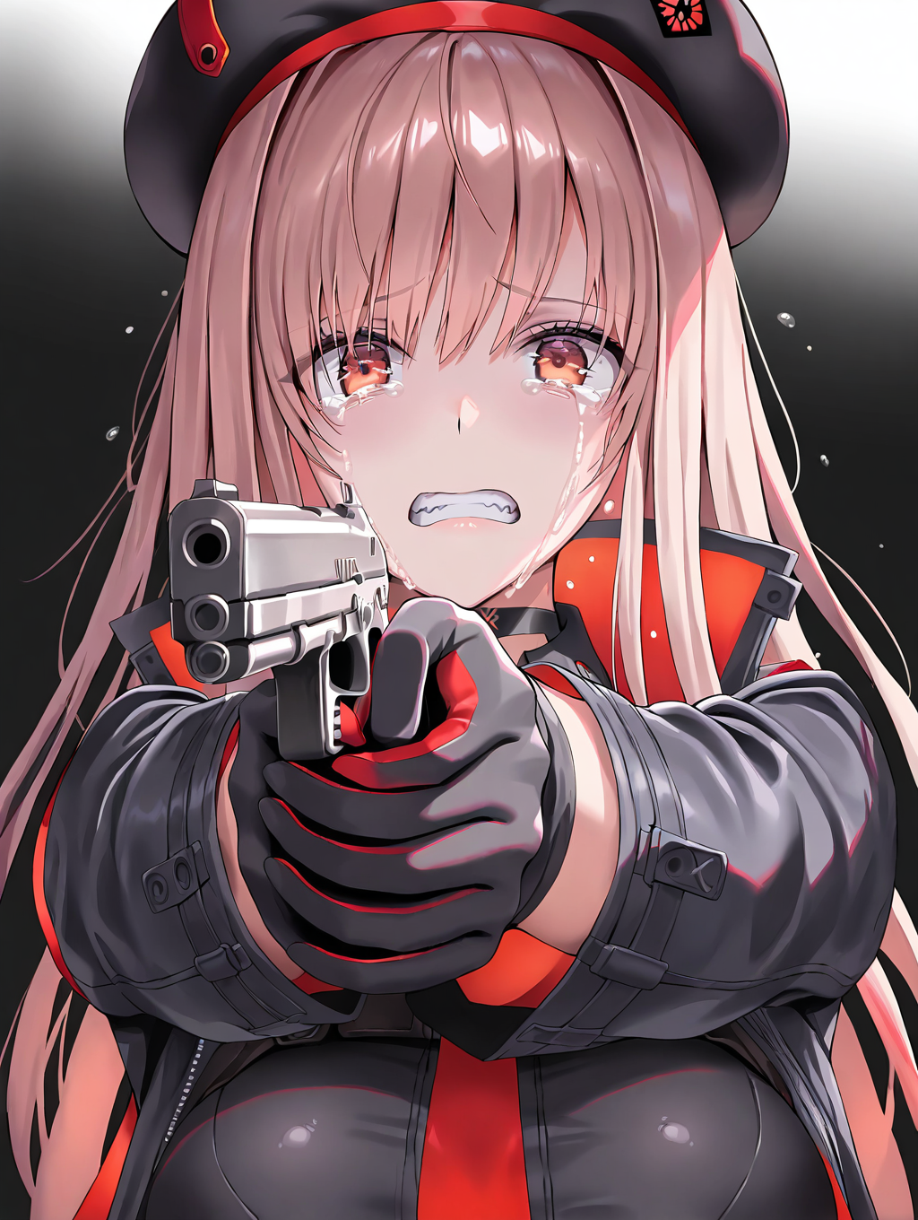 (masterpiece,best quality,ultra_detailed,highres,absurdres:1.2,amazing quality,very aesthetic),<lora:overzone_ilxl_v1-000006:1>,rapi \(nikke\),1girl,holding gun,aiming,handgun,solo,clenched teeth,teeth,aiming at viewer,tears,crying,looking at viewer,black background,crying with eyes open,