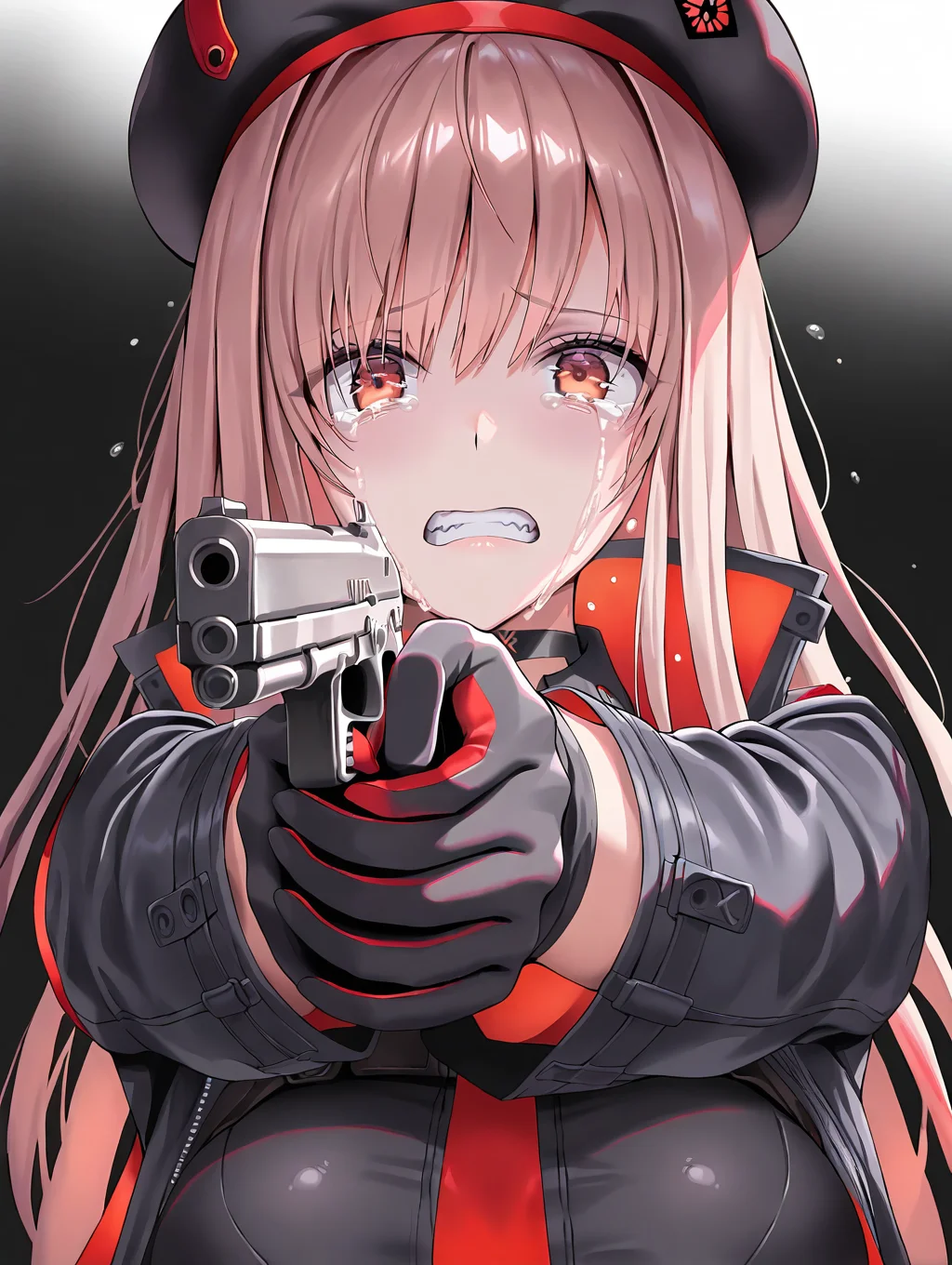 (masterpiece,best quality,ultra_detailed,highres,absurdres:1.2,amazing quality,very aesthetic),<lora:overzone_ilxl_v1-000006:1>,rapi \(nikke\),1girl,holding gun,aiming,handgun,solo,clenched teeth,teeth,aiming at viewer,tears,crying,looking at viewer,black background,crying with eyes open,
