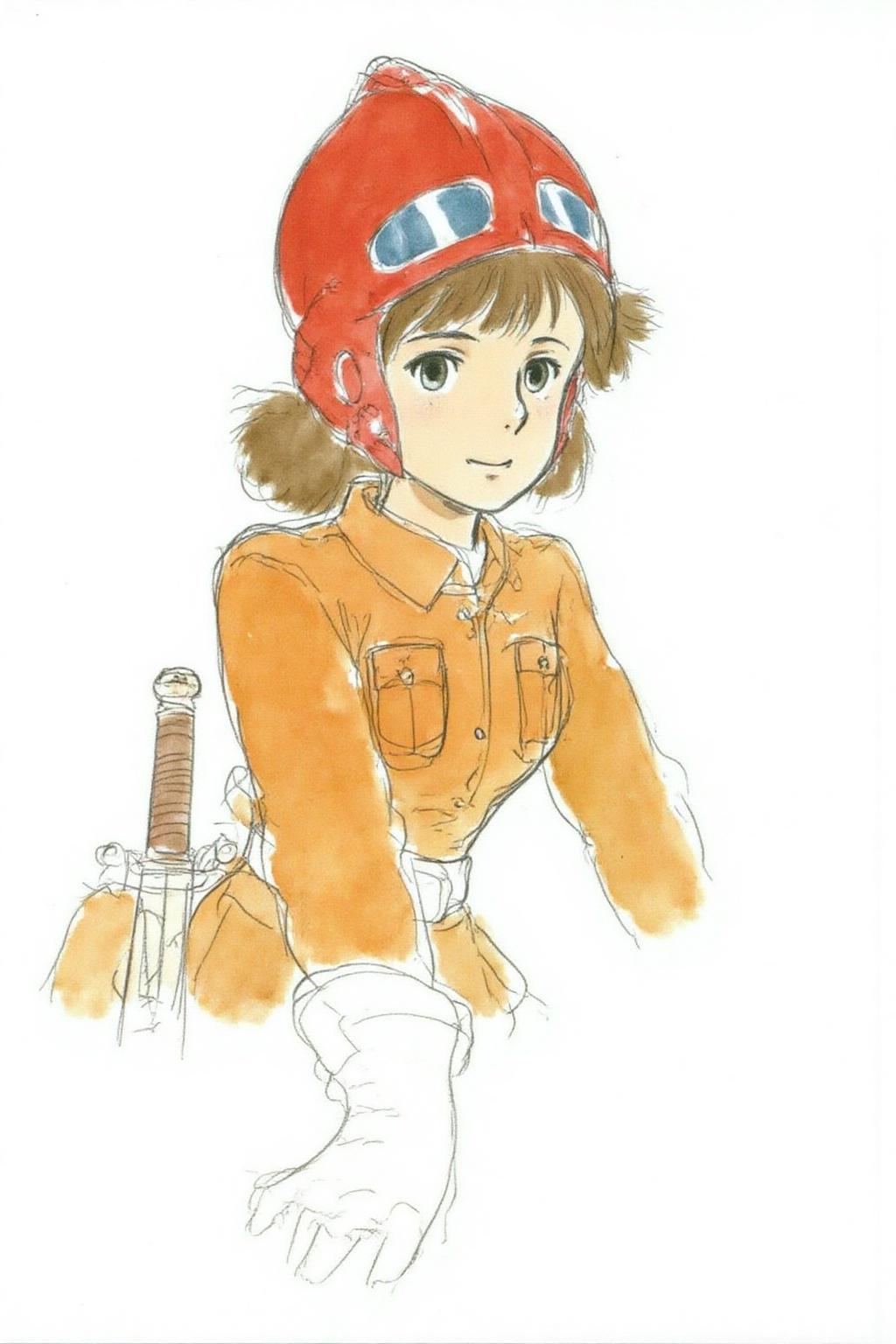 hayaomiyazaki2 illustration.
A girl, Nausicaa, with shoulder length hair, in an orange outfit and a red helmet with goggles. She is wearing heavy padded gloves and carrying a dagger at her waist. <lora:hayaomiyazaki2_cap_d8a4:1.0><lora:861040757635596567:0>