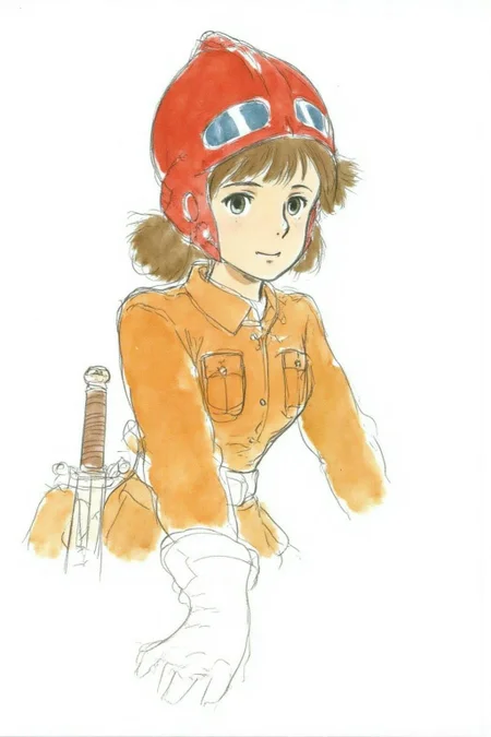 hayaomiyazaki2 illustration.
A girl, Nausicaa, with shoulder length hair, in an orange outfit and a red helmet with goggles. She is wearing heavy padded gloves and carrying a dagger at her waist. <lora:hayaomiyazaki2_cap_d8a4:1.0><lora:861040757635596567:0>