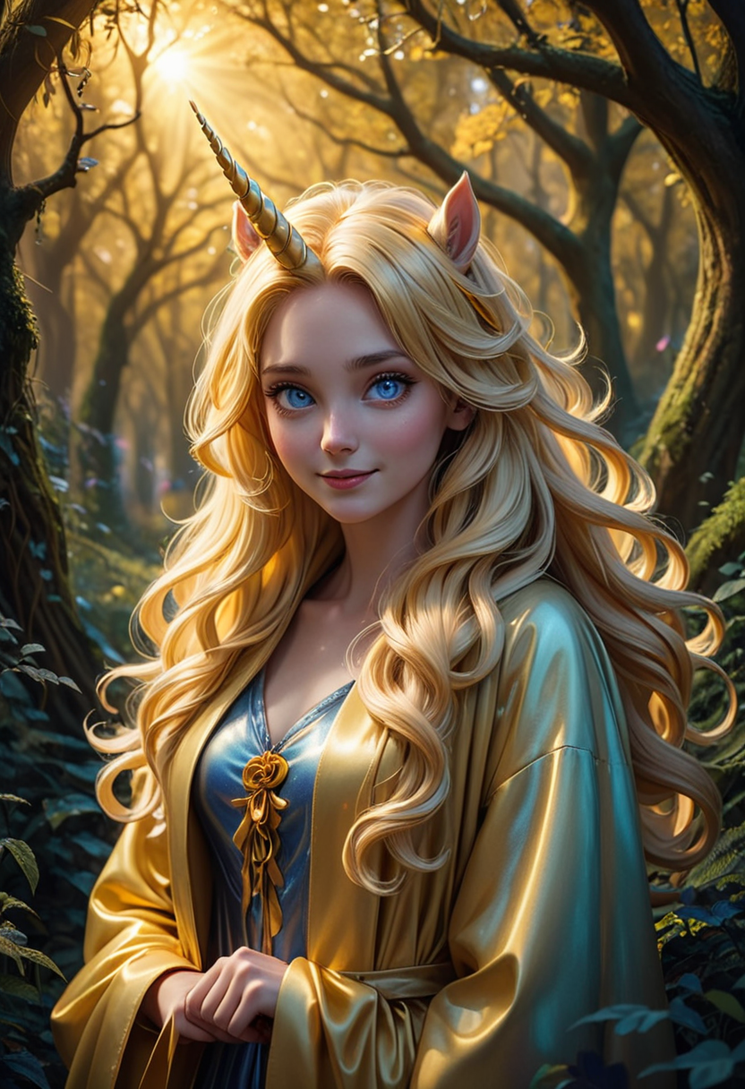 (medium full shot) of (enchanting slender unicorn), dark Blue eyes, golden yellow iridescent coat, twisted horn, thick mane, flowing ribbons, set in  a hidden fairy glade, with secluded nooks, soft light, an air of mystery , during a sunset, woman smiling, ,Masterpiece,best quality, raw photo, realistic, very aesthetic