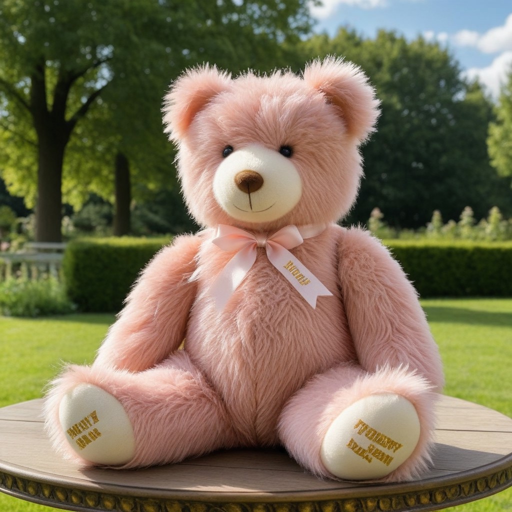 teddy_bear_long_fur,
solo,,full body,
pink fur,
ribbon is tied around its neck,
Gold-colored text is visible on the ribbon,
Antique table, outdoors, bright sunlight, garden, green trees, blue sky, white clouds,